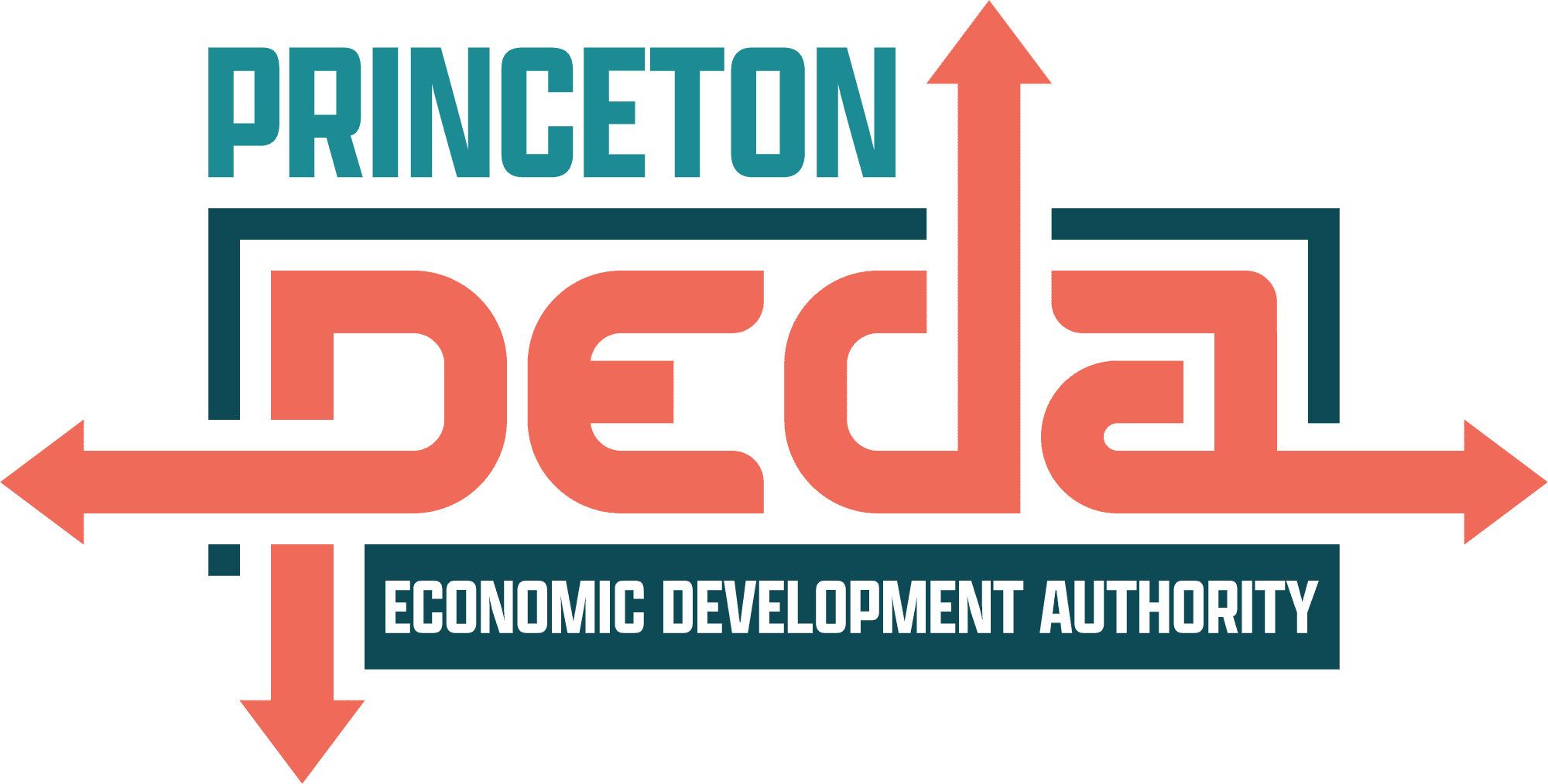 This is the logo for Princeton Economic Development Authority. From the top, Princeton is displayed in light green. There is a dark green border under it. Inside of the border is the acronym PEDA, with an arrow pointing left from the P, an arrow pointing up from the D, and an arrow pointing right from the A. PEDA is in orange. Underneath, you see a dark green box with "Economic Development Authory" in white.