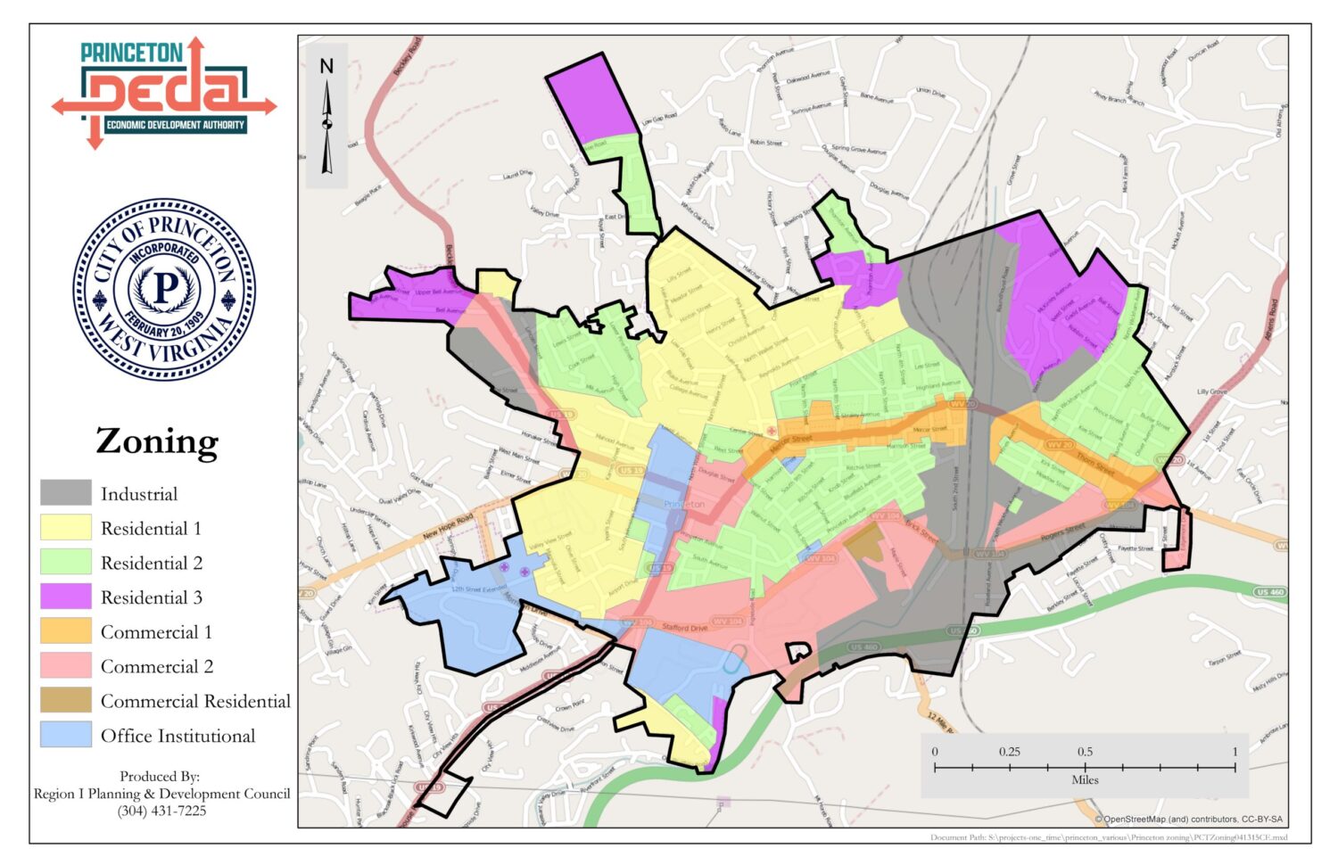 This is a map highlighting the zoning districts in Princeton, WV. You can download a PDF by clicking on the button.
