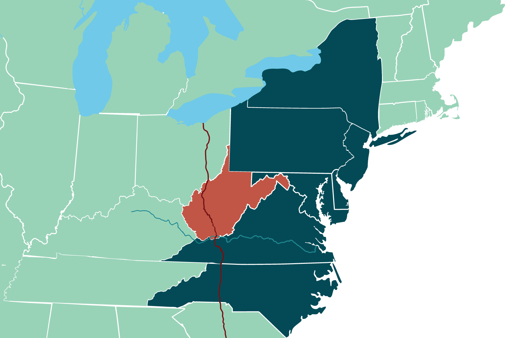 West Virginia is highlighted in orange with a map pin over Princeton. NY, PA, DE, MD, VA, and NC are in dark green to represent the mid-atlantic states. Highlighted is I-77 is US Route 460.